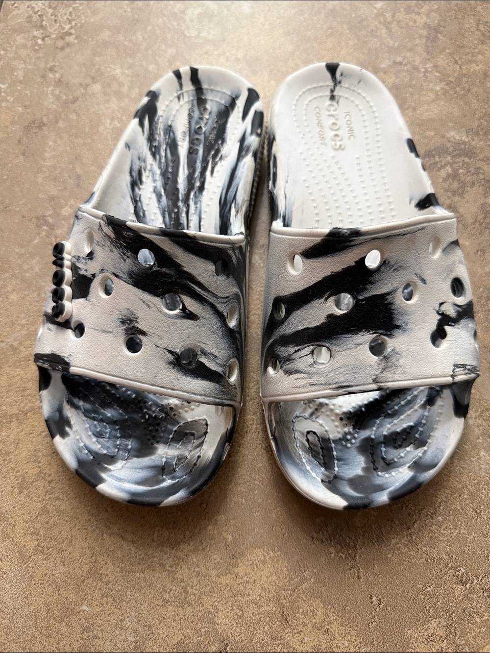 Crocs Black & White marble Slide men 7 women’s 9 Sandals